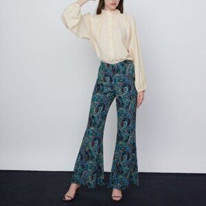 Zara Paisley Print Boho Elastic Waist Flowy Wide-Leg Flared Trousers (NWT)